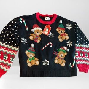 Black and Red Holiday Sweater with Teddy Bears NWT